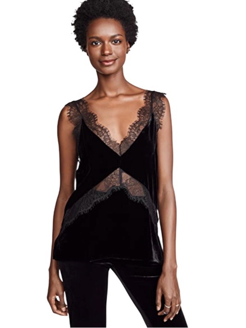 Cami NYC "The Josie" Velvet Lace Top Black Lace-Trim Sleeveless Deep V-Line L